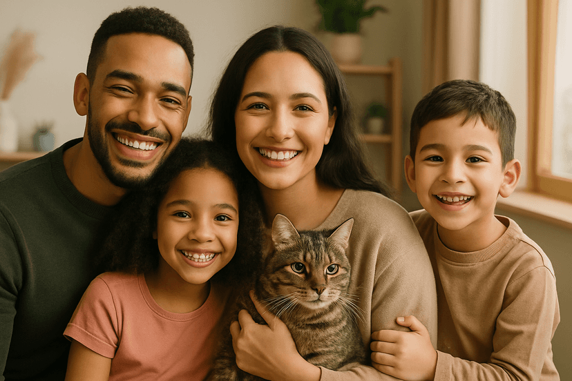 Family with children and their beloved pet dog, all smiling together in a warm, caring environment